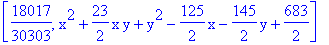 [18017/30303, x^2+23/2*x*y+y^2-125/2*x-145/2*y+683/2]